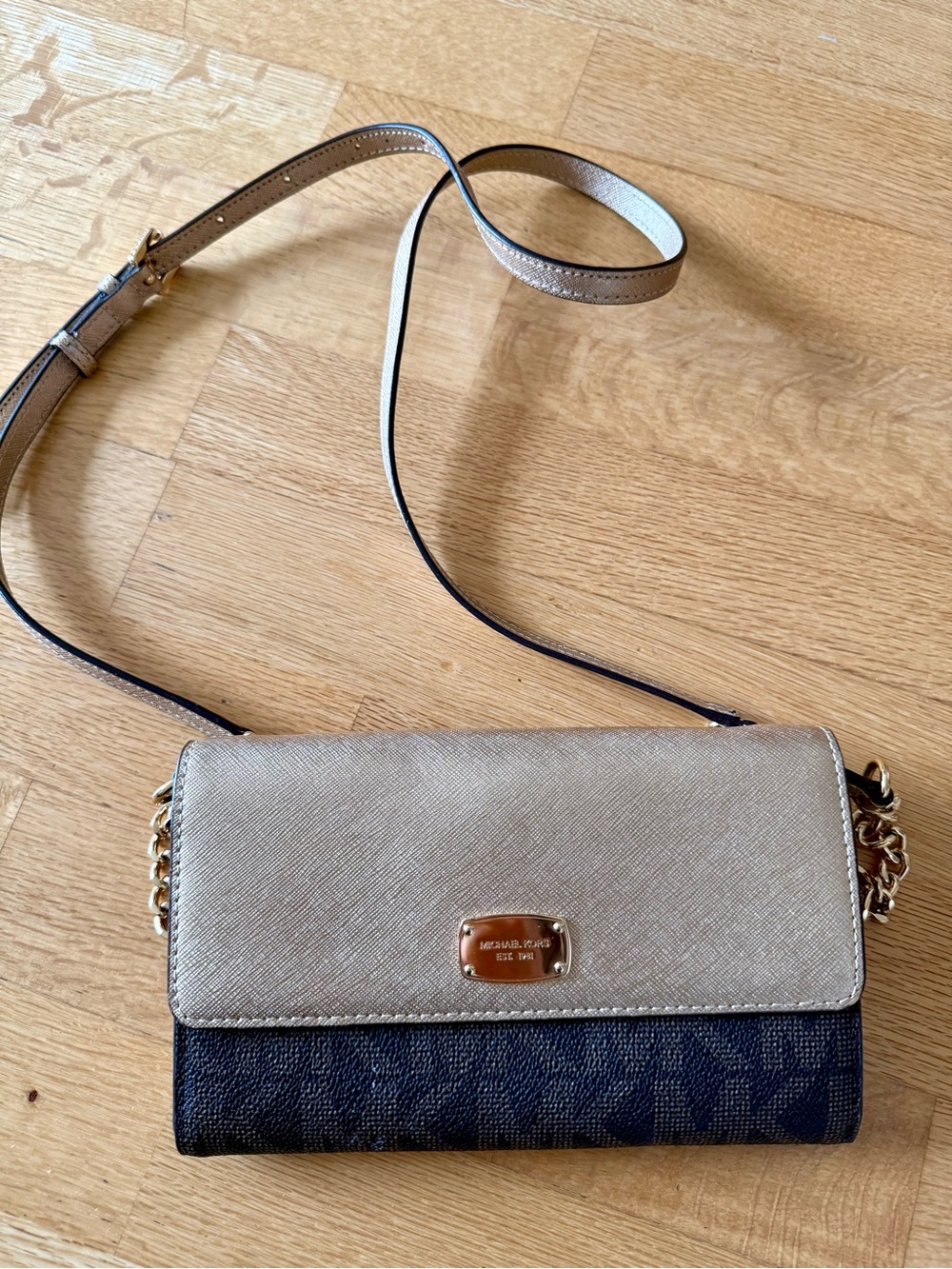 Michael Kors Metallic Gold and Dark Brown Crossbody Wallet